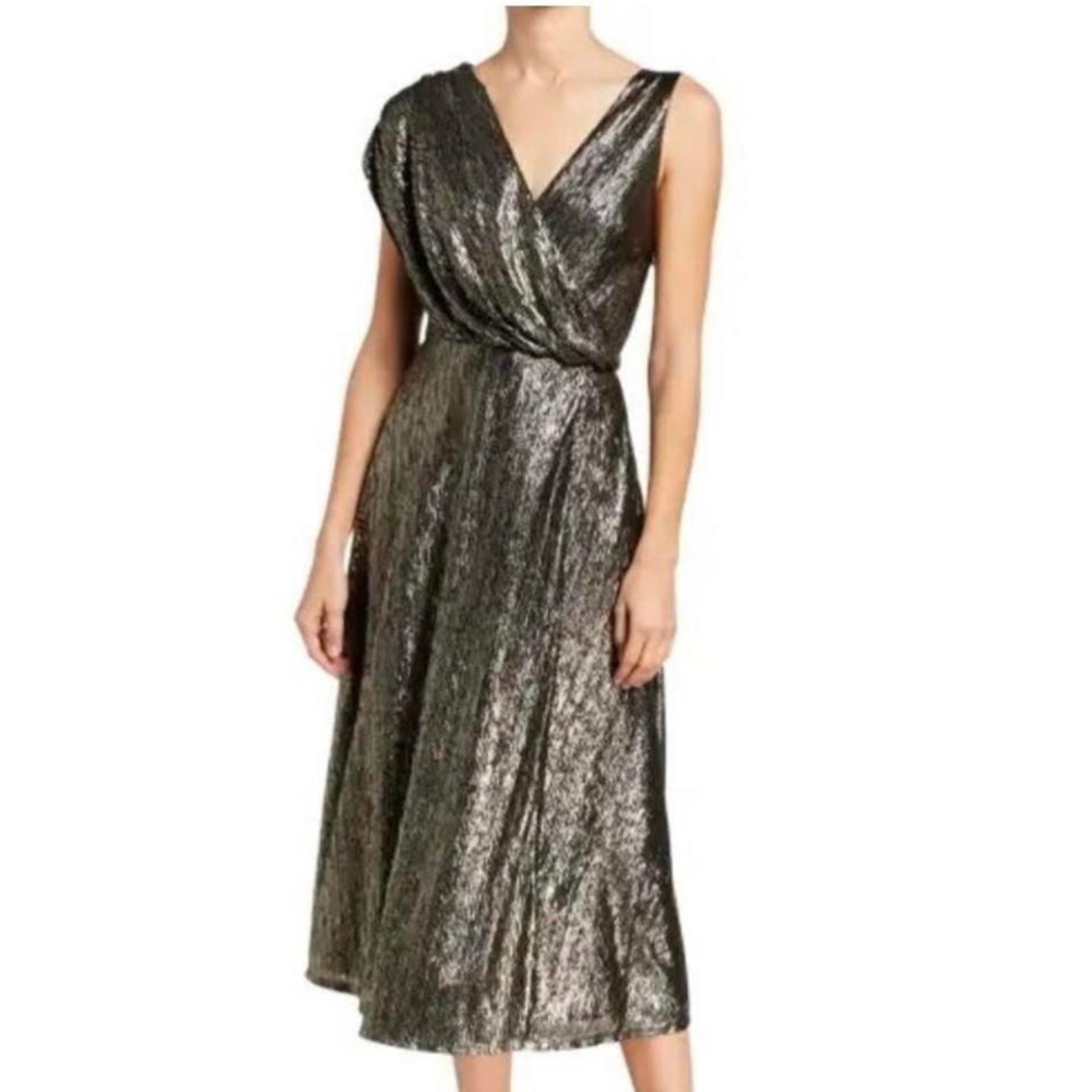 Alice + Olivia Roxy Front-Drape Metallic Midi Dress Holiday Party size 10